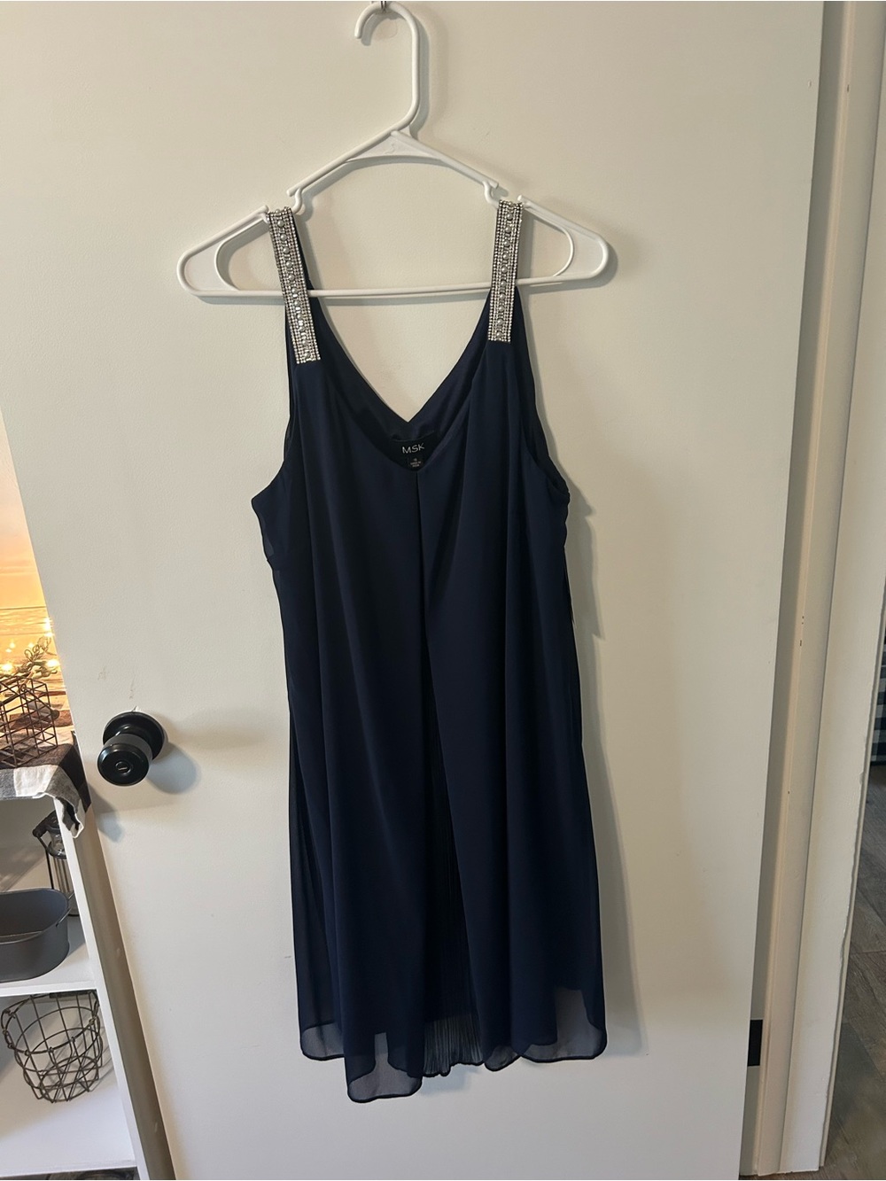 Embellished Strap Navy Chiffon Dress